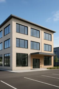 Facade af nyopført kontorbygning med store energivenlige vinduer og klimavenlige materialer