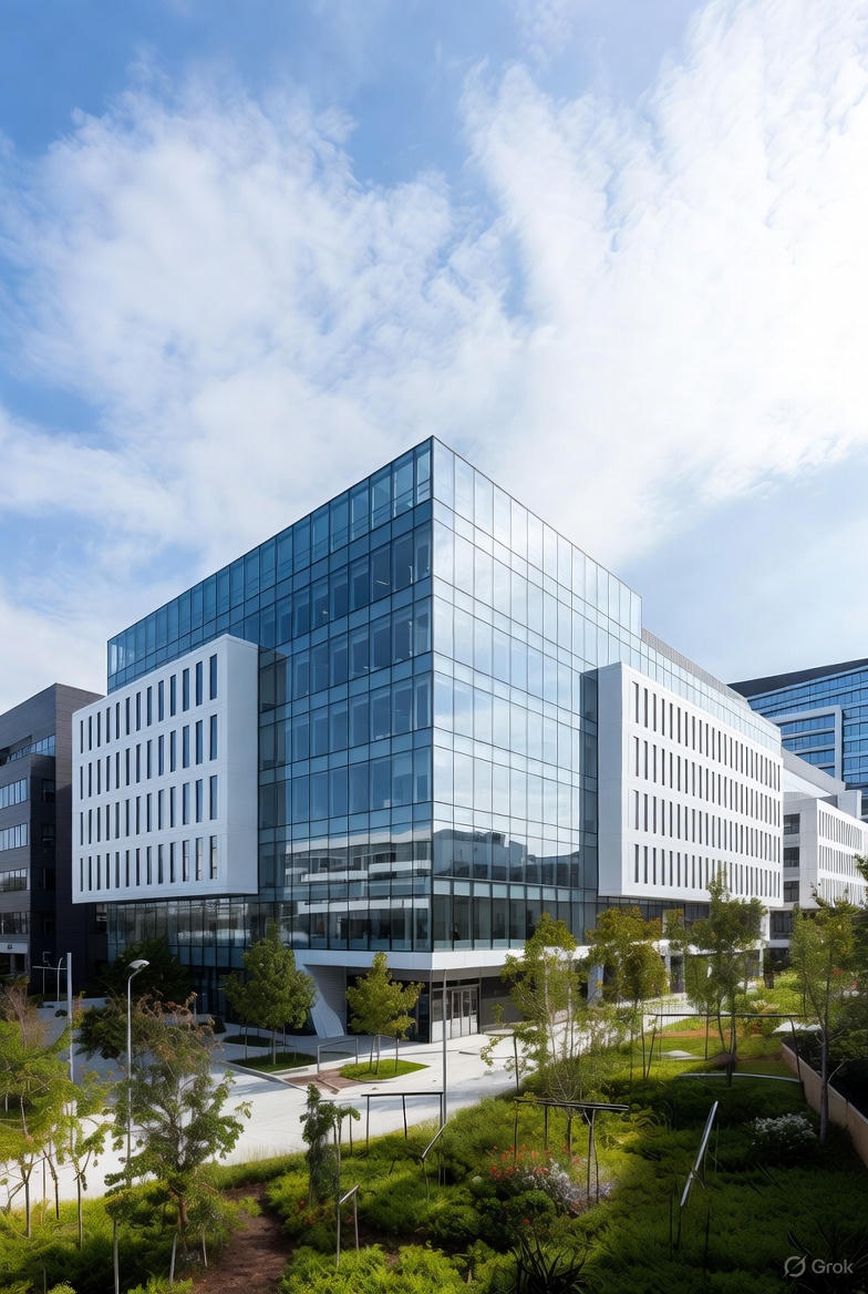 Stor moderne kontorbygning med glasfacade i et kommercielt ejendomscenter, omgivet af grønne områder og blå himmel.