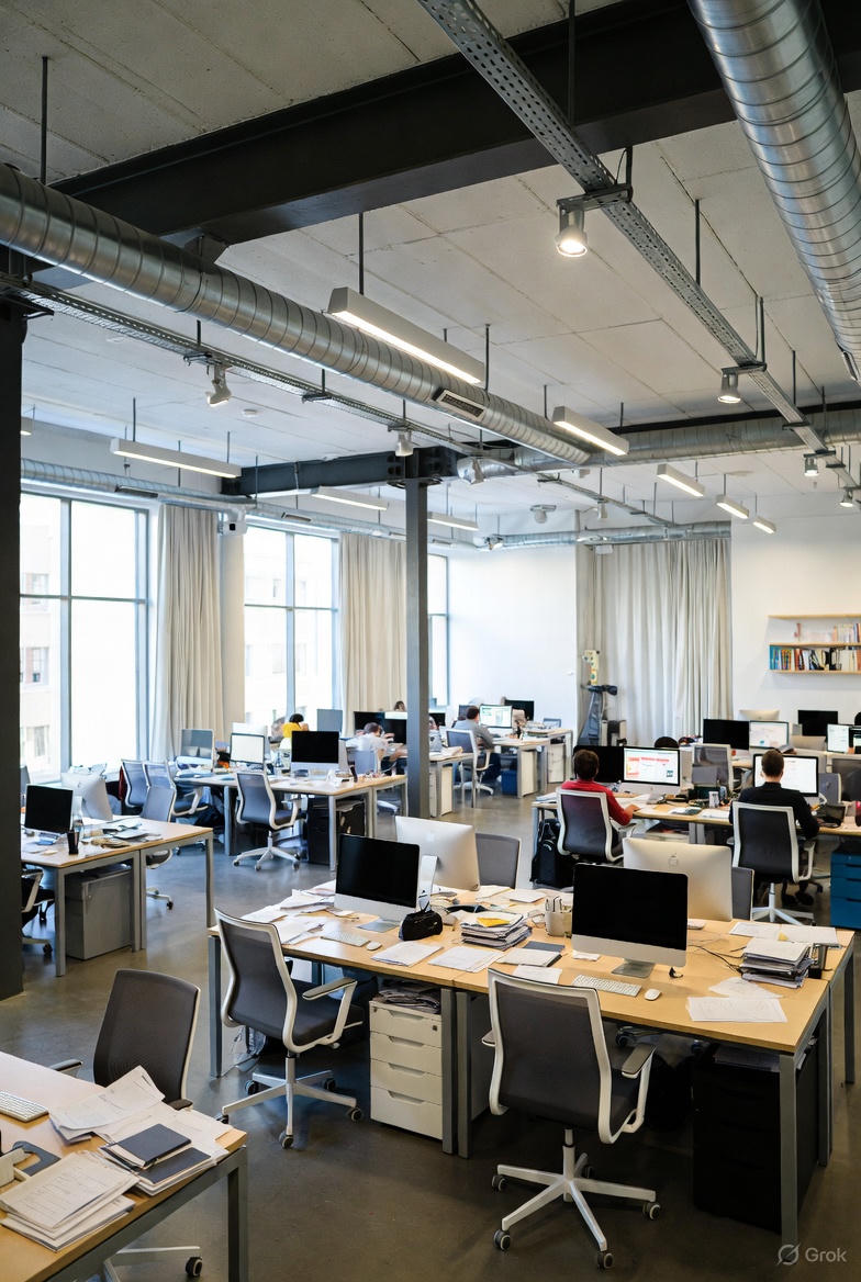 Luftigt, moderne loftkontor med synlige ventilationsrør i loftet, polerede betongulve, store fabriksvinduer med lyse gardiner, hvide vægge og åbne arbejdsstationer med grå kontorstole og store skærme.