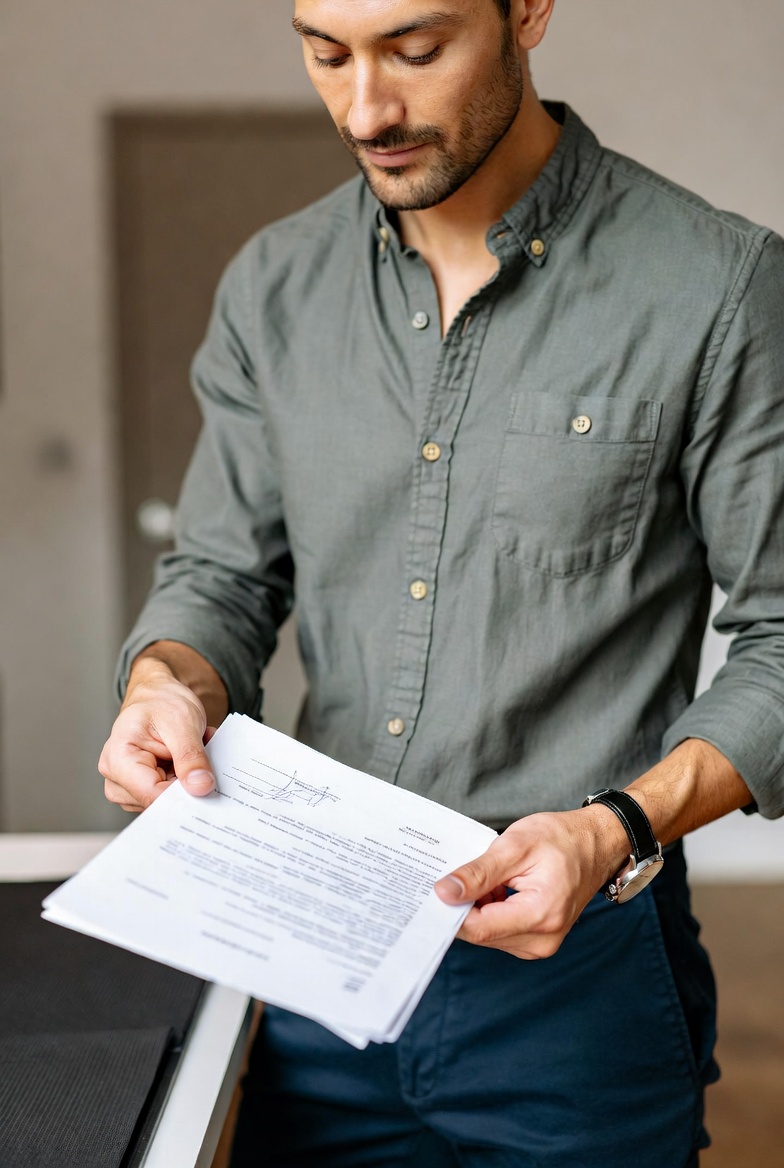 Mand i grøn skjorte står ved et bord og gennemgår trykte dokumenter i et kontormiljø